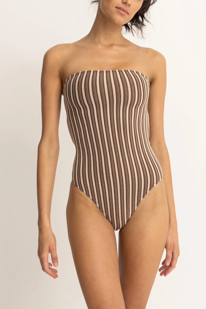 RHYTHM Terry Sands Stripe strapless one piece swimsuit-Cocoa
