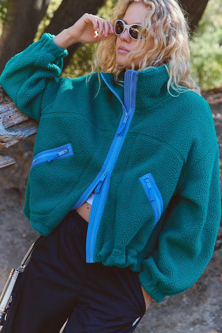 FREE PEOPLE Hit The Slopes Funnel Neck Fleece Jacket in Green Frost