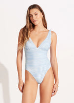 SEAFOLLY Summer Crush V Neck One Piece swimsuit-Powder Blue