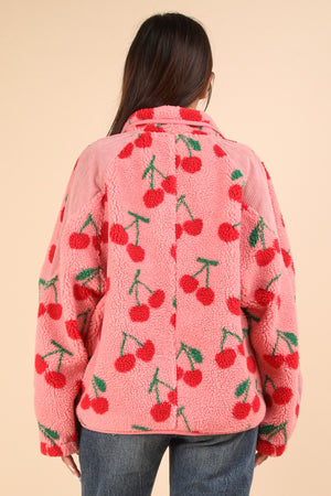 High Neck Cherry Zip fleece top-Pink