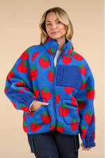 High Neck Strawberry Zip fleece top-Blue