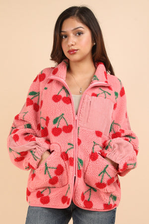 High Neck Cherry Zip fleece top-Pink