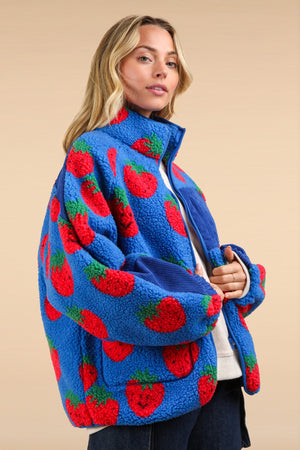 High Neck Strawberry Zip fleece top-Blue