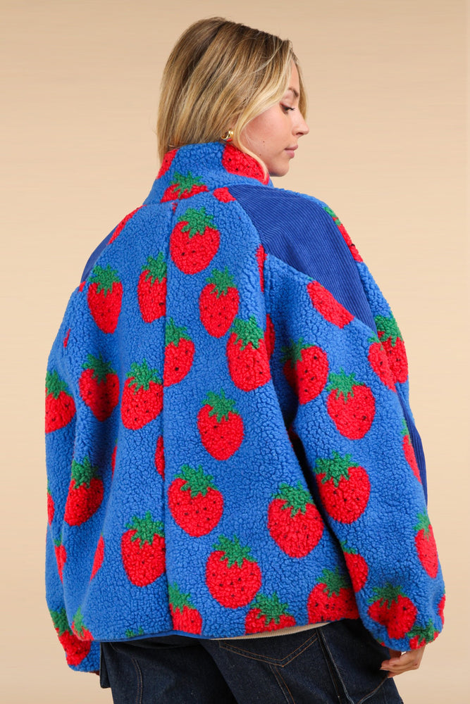 High Neck Strawberry Zip fleece top-Blue