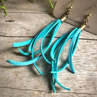 Mini Tassel Earrings - Turquoise, Western Short Leather