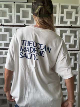 The Ocean Made Me Salty Oversized Tee-White/Navy