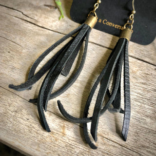 Mini Tassel Earrings - Black, Western Short Leather Earrings
