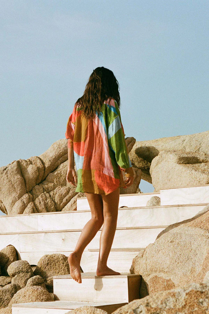 VITAMIN A Playa Linen Boyfriend Shirt - Abstract Colorblock EcoLinen