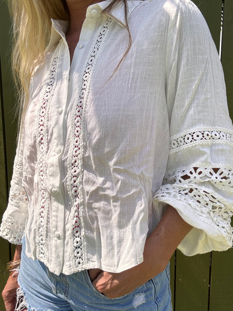 Endless White crochet button up shirt