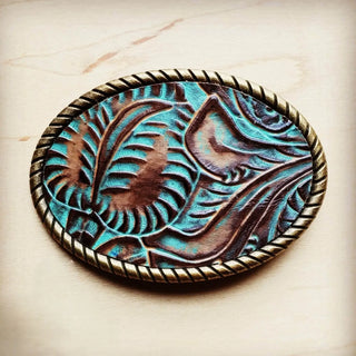 Rope Edge Turquoise Brown Floral Leather Belt Buckle