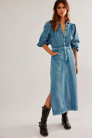 FREE PEOPLE Mad Love denim midi dress-Skyfall