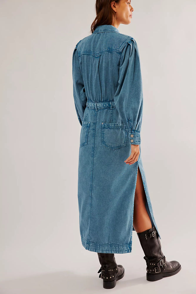 FREE PEOPLE Mad Love denim midi dress-Skyfall