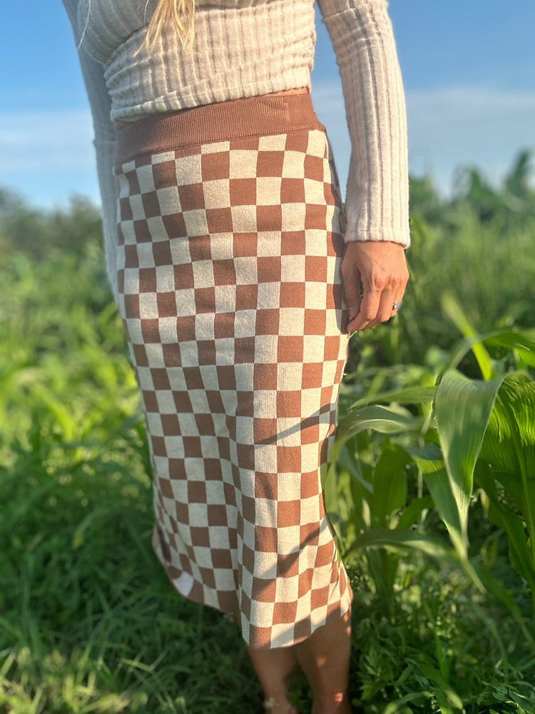 Checkmate knit midi skirt