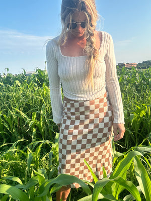 Checkmate knit midi skirt