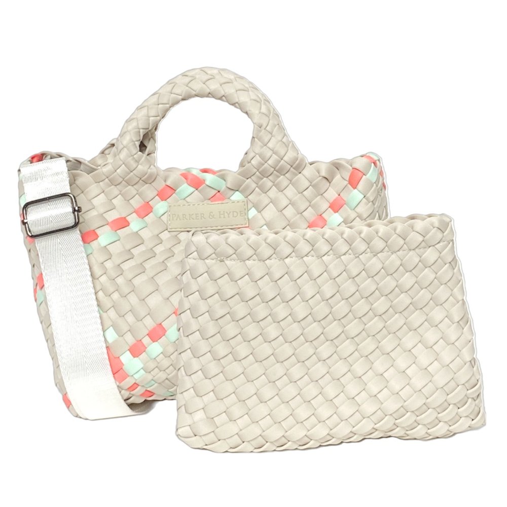 PARKER & HYDE Mini Woven tote bag-Bone/Sky Multi