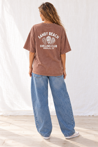 Sandy Beach Shelling Club  Oversized Tee-Brown