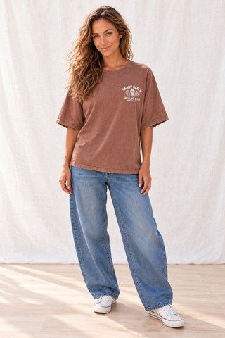 Sandy Beach Shelling Club  Oversized Tee-Brown