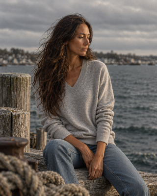 A woman with long, windblown brown hair sits on a weathered wooden dock by the water, wearing a light gray heathered v-neck knit sweater and blue jeans.