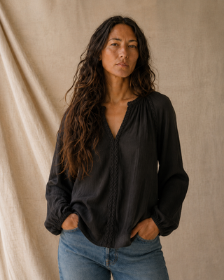 Huckleberry Braided Trim Blouse-Black Sands