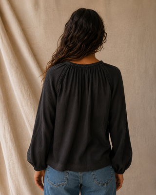 Huckleberry Braided Trim Blouse-Black Sands
