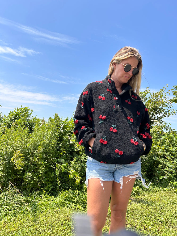 High Neck Cherry fleece top-Black