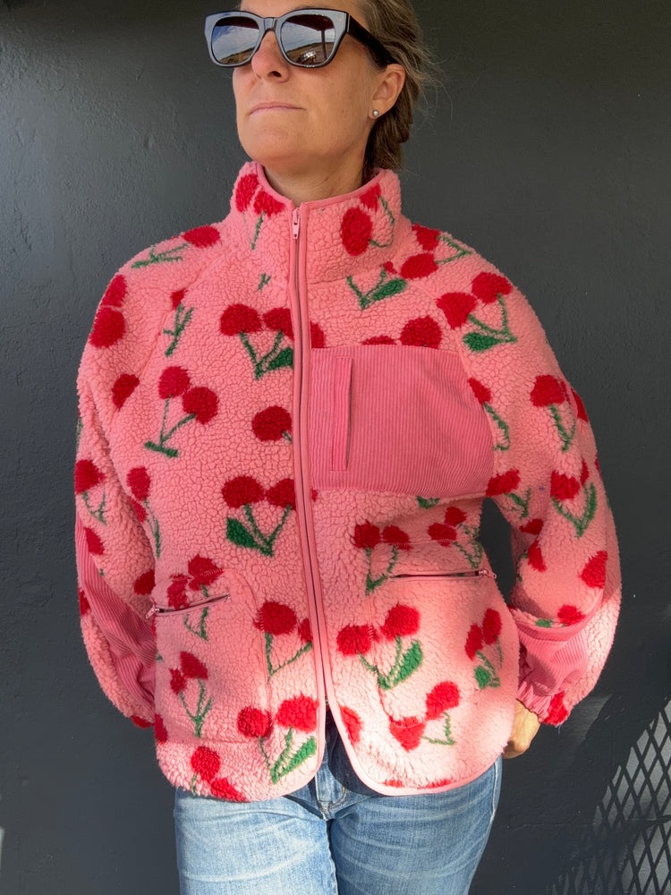 High Neck Cherry Zip fleece top-Pink