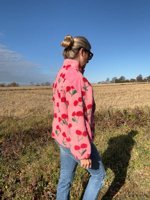 High Neck Cherry Zip fleece top-Pink