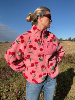 High Neck Cherry Zip fleece top-Pink