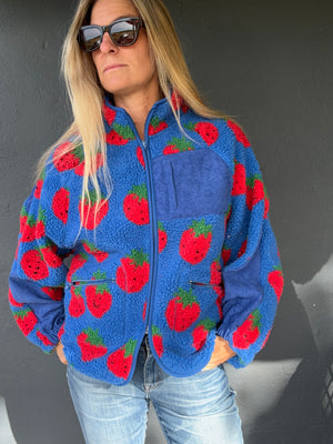 High Neck Strawberry Zip fleece top-Blue