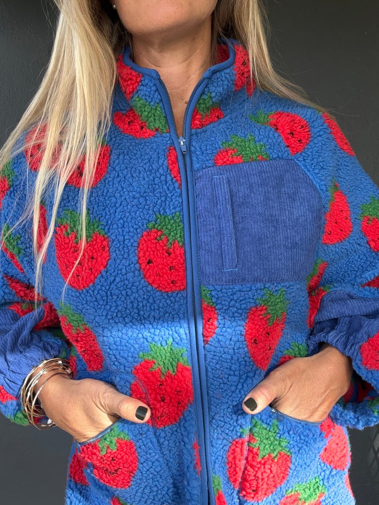 High Neck Strawberry Zip fleece top-Blue