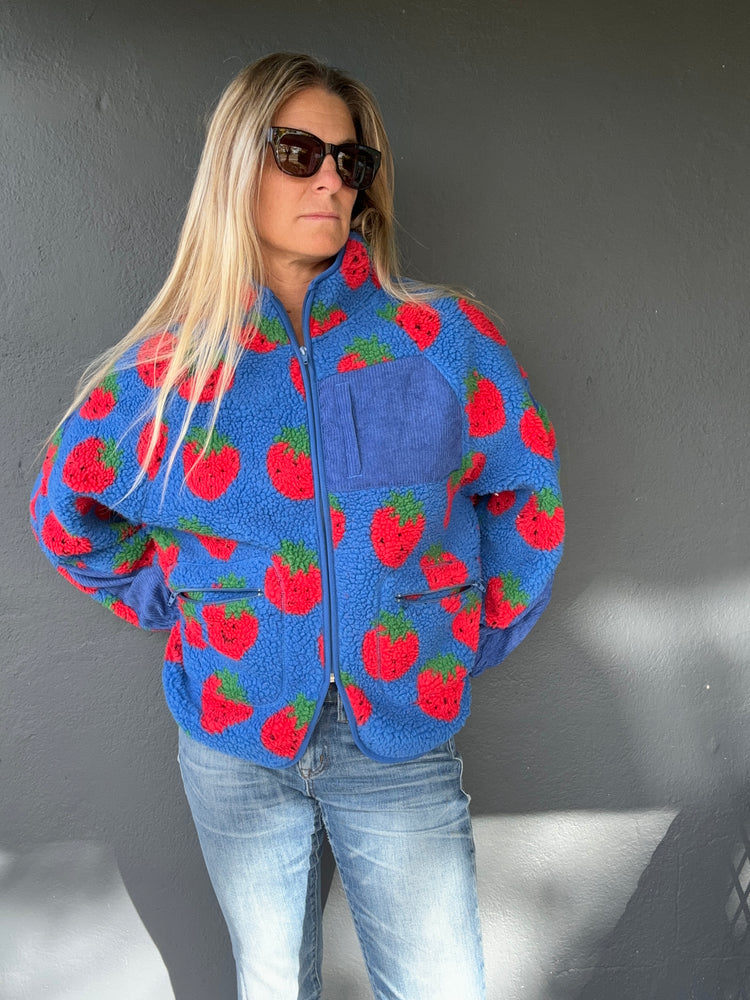 High Neck Strawberry Zip fleece top-Blue