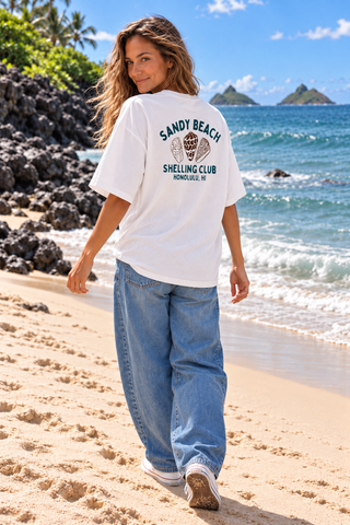 Sandy Beach Shelling Club  Oversized Tee-White