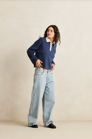 RHYTHM Rugby Polo Knit Sweater in Navy