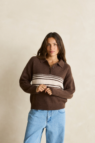RHYTHM Strata Knit Polo Jumper in Chocolate
