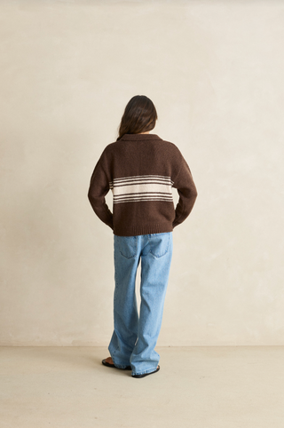 RHYTHM Strata Knit Polo Jumper in Chocolate