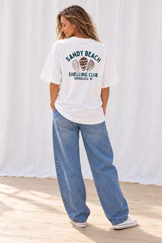 Sandy Beach Shelling Club  Oversized Tee-White