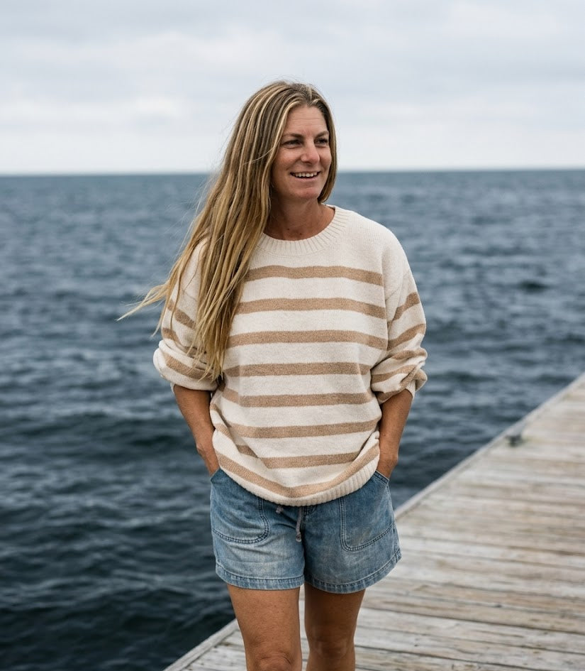 Ivory & Beige Striped Sweater - Apres Sea Ranch Sweaters