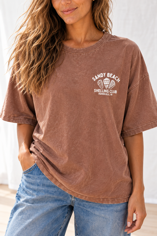 Sandy Beach Shelling Club  Oversized Tee-Brown