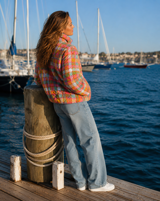 A woman stands on a wooden dock by the water, wearing a colorful plaid fleece jacket, light blue jeans, and white sneakers, with sailboats and a harbor in the background.