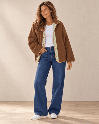 Brookline Gingham Sherpa Jacket - Brown/Light Green | The Salty Babe