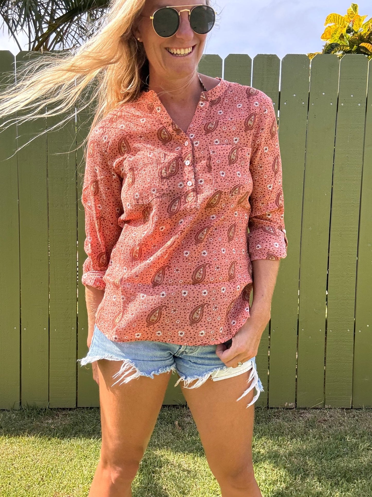 CARVE Dylan Gauze shirt - Lt Henna Paisley - The Salty BabeLong Sleeve Tops