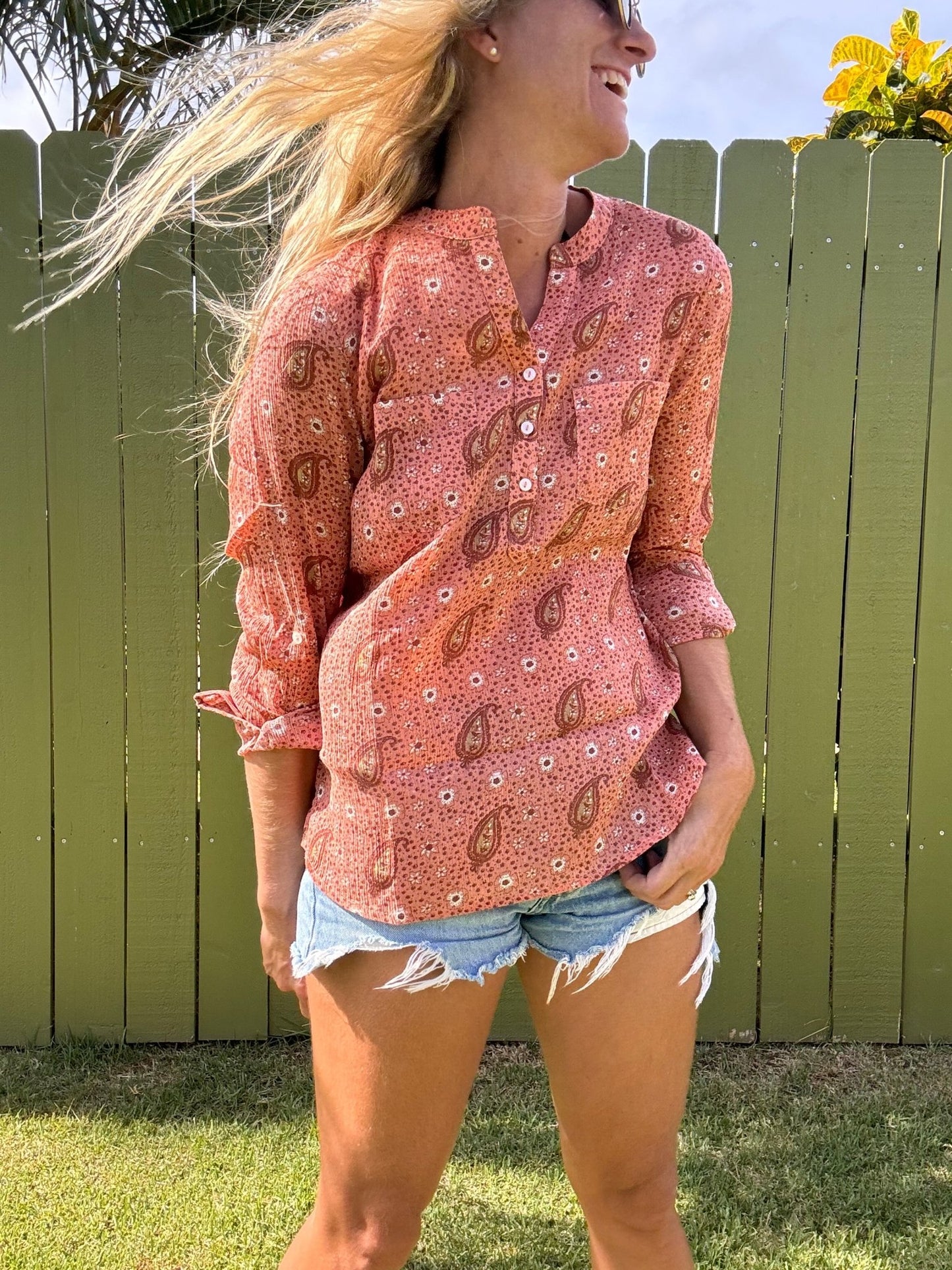 CARVE Dylan Gauze shirt - Lt Henna Paisley - The Salty BabeLong Sleeve Tops