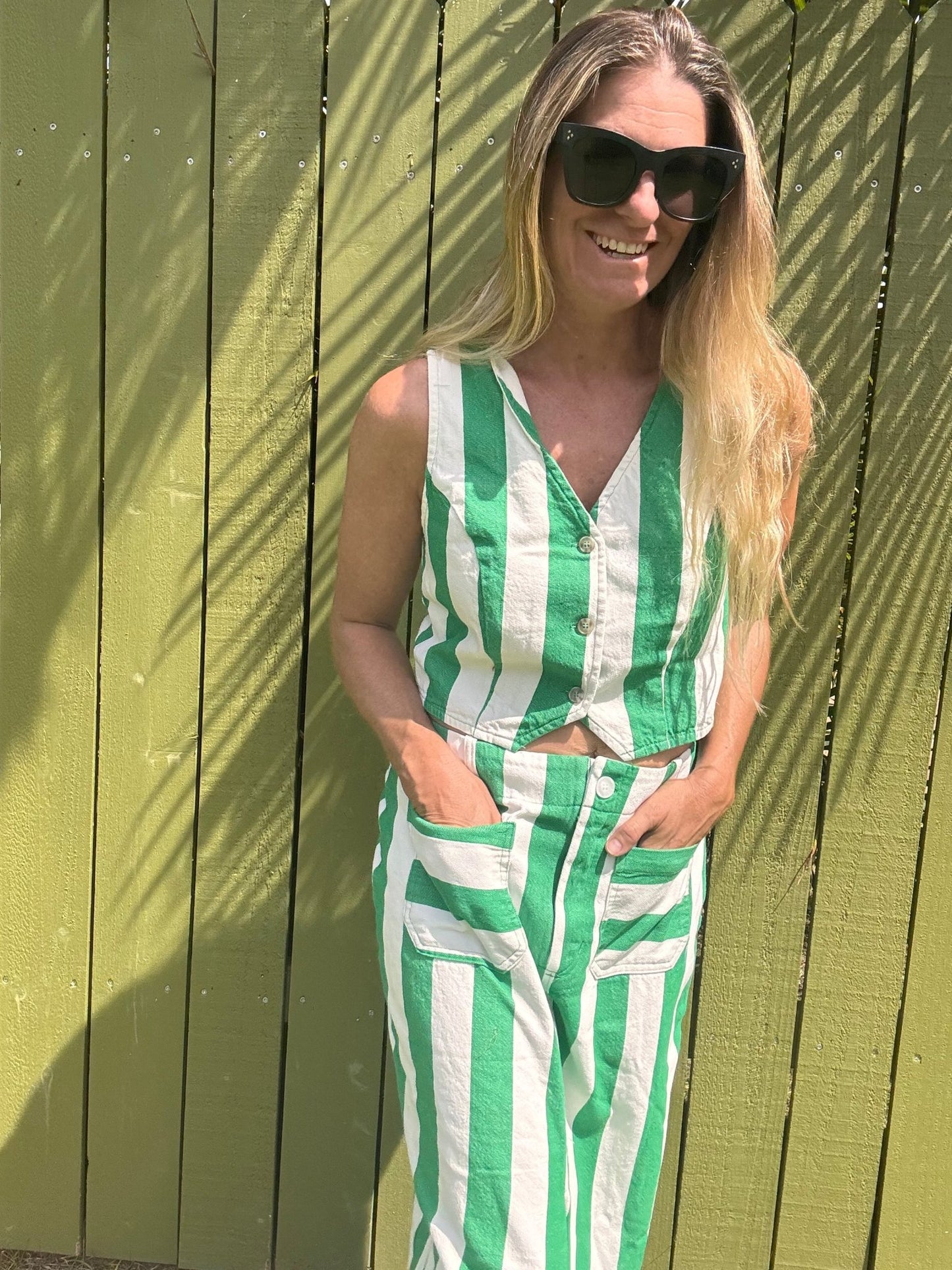 Cream & Clover Striped V - Neck Sleeveless Vest - The Salty BabeTop