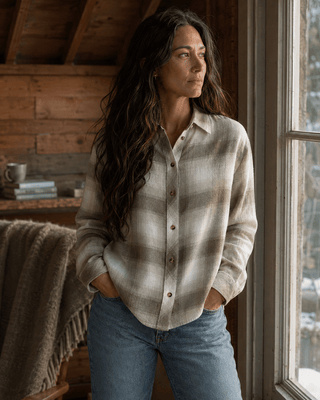 Daphne Long Sleeve Button-Up Shirt-Peach Taupe Plaid - The Salty BabeLong Sleeve Tops