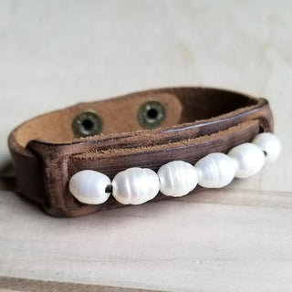 Dusty Leather Narrow Cuff with Freshwater Pearls - The Salty BabeJewelry