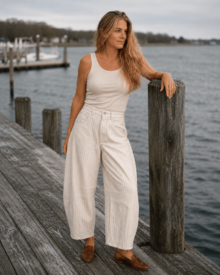 Ecru Pinstripe Barrel Pant - The Salty BabePants