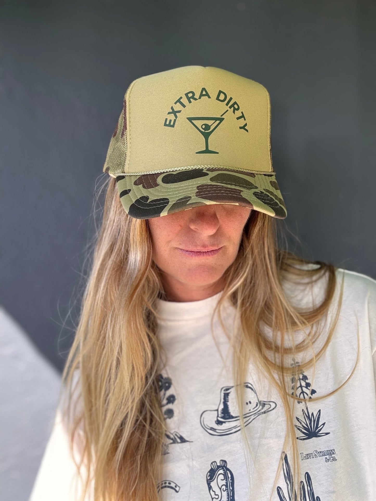 Extra Dirty Martini Day Drinking Trucker Hat: Camo/Olive - The Salty BabeHats