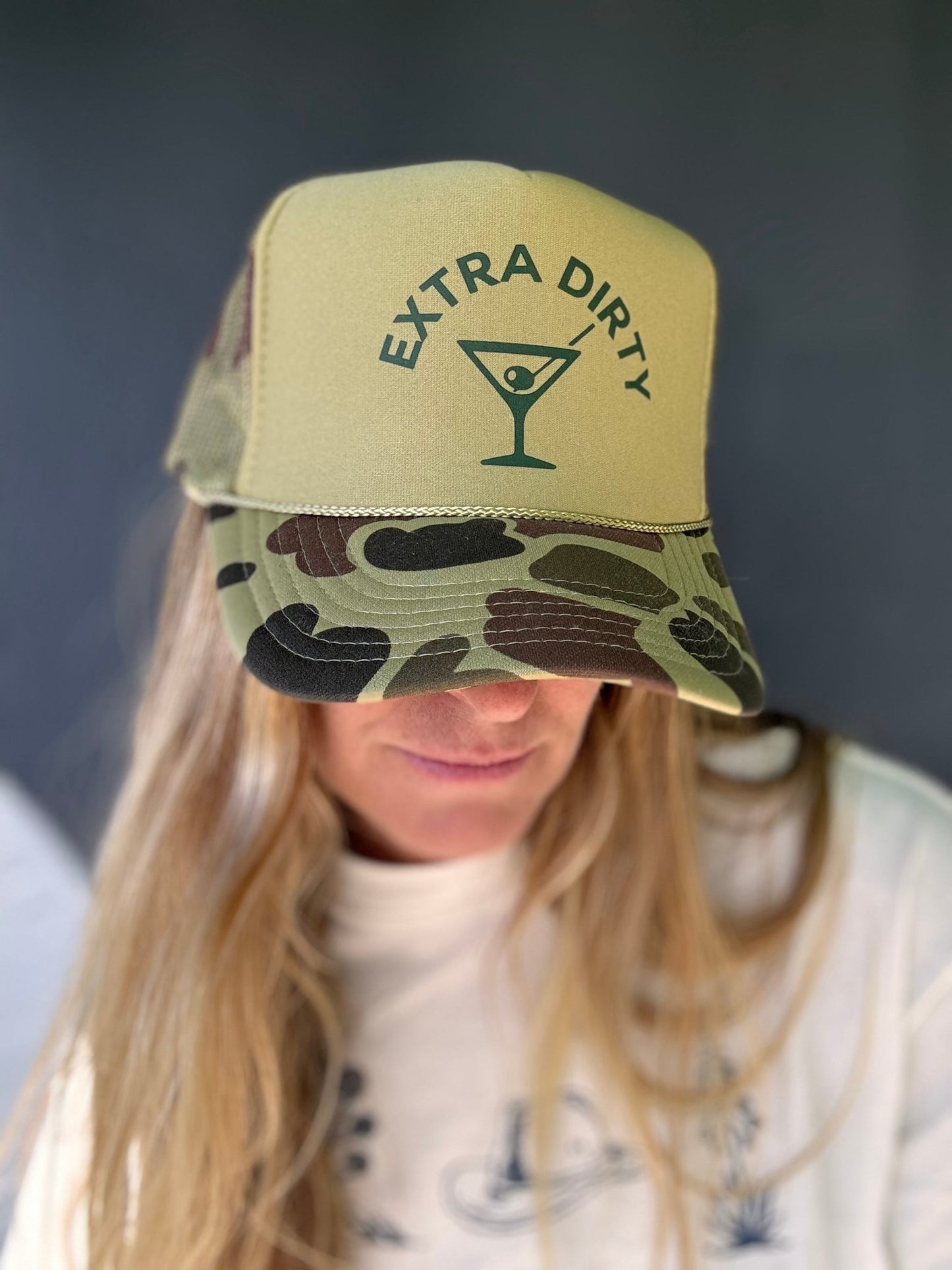Extra Dirty Martini Day Drinking Trucker Hat: Camo/Olive - The Salty BabeHats