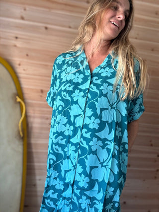 Floral Safari Teal Shirt Dress - The Salty BabeDresses