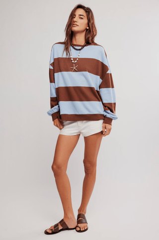 FREE PEOPLE Classic Striped Oversized Crewneck - Periwinkle Combo - The Salty BabeLong Sleeve Tops